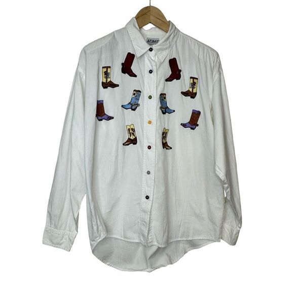 COWGIRL Fun Vintage At Last Brand Button Front White Embroidered Shirt Sz Large - Picture 1 of 16